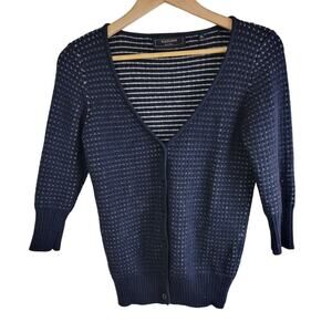 Fletcher by Lyell Jacquard Wool Cardigan Womens size M Blue Button 3/4 Sleeve
